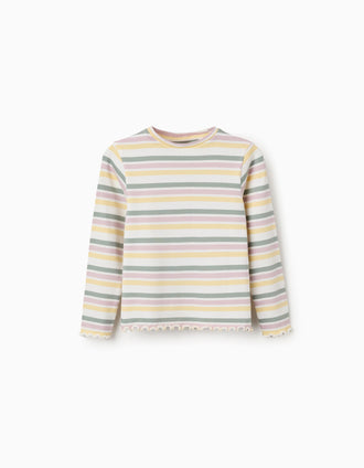 T-shirt de manga comprida canelada às riscas para menina, multicolor