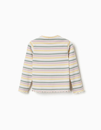 T-shirt de manga comprida canelada às riscas para menina, multicolor