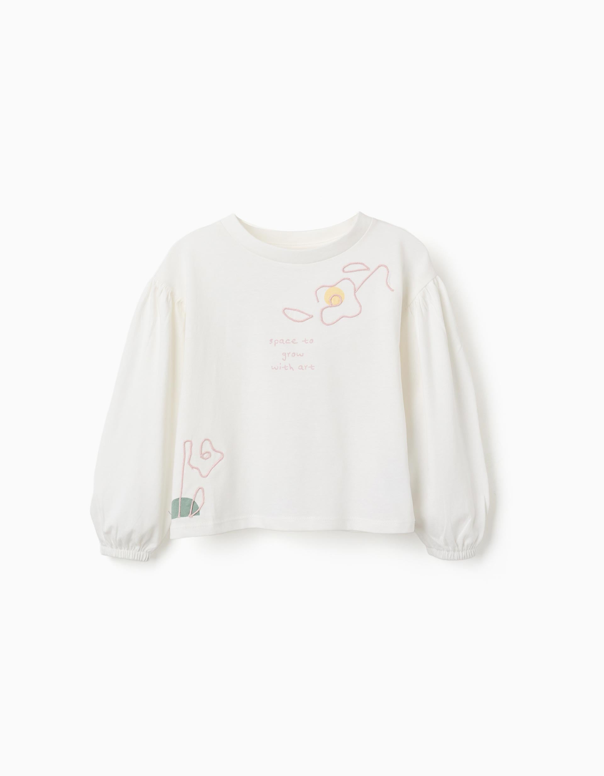 T-shirt com mangas compridas balão e estampado para menina, branco