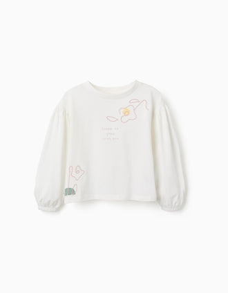 T-shirt com mangas compridas balão e estampado para menina, branco