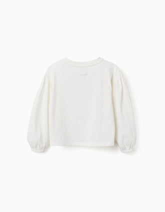 T-shirt com mangas compridas balão e estampado para menina, branco