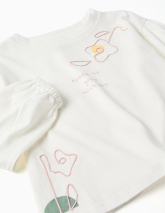 T-shirt com mangas compridas balão e estampado para menina, branco