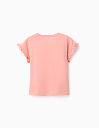 Cotton T-shirt with Minnie print and ruffles for girls, salmon