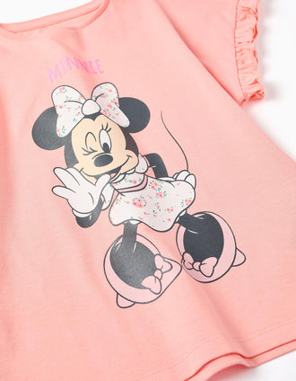 Cotton T-shirt with Minnie print and ruffles for girls, salmon