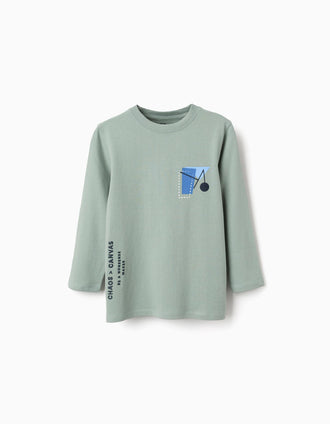 Long sleeve cotton T-shirt with Shapes print for boys, light green