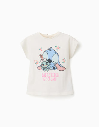 T-shirt en coton avec imprimé Baby Stitch pour bébé fille, beige clair