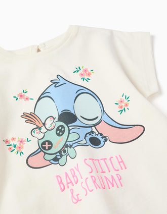 T-shirt en coton avec imprimé Baby Stitch pour bébé fille, beige clair