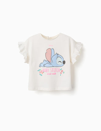 Cotton T-shirt with Stitch print and ruffles for baby girls, light beige