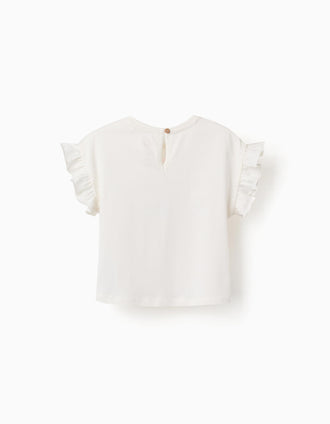 Cotton T-shirt with Stitch print and ruffles for baby girls, light beige