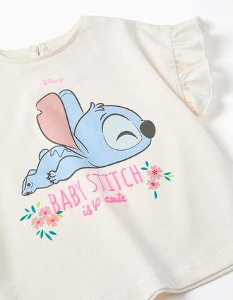 Cotton T-shirt with Stitch print and ruffles for baby girls, light beige