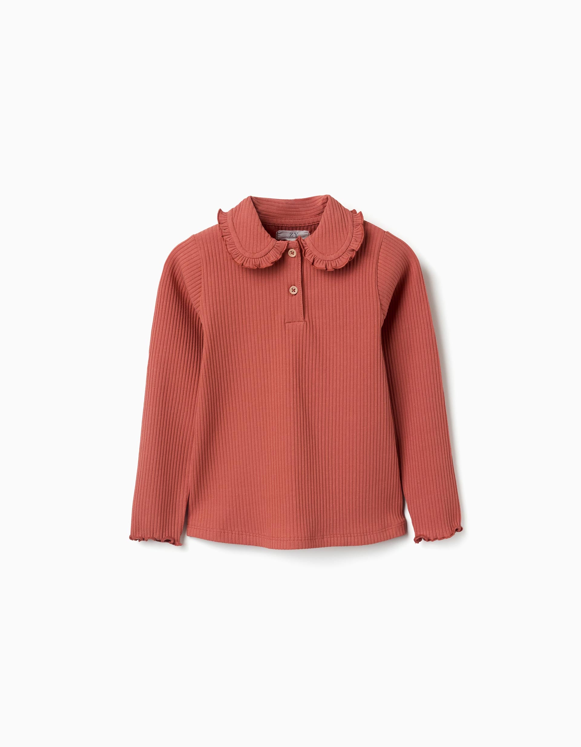 Camiseta acanalada de manga larga con volantes para niña, terracota