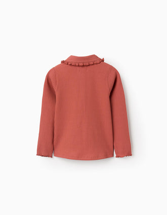 Camiseta acanalada de manga larga con volantes para niña, terracota