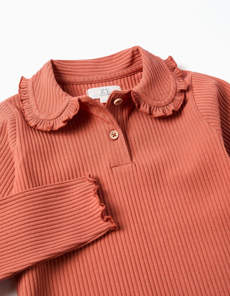 Camiseta acanalada de manga larga con volantes para niña, terracota