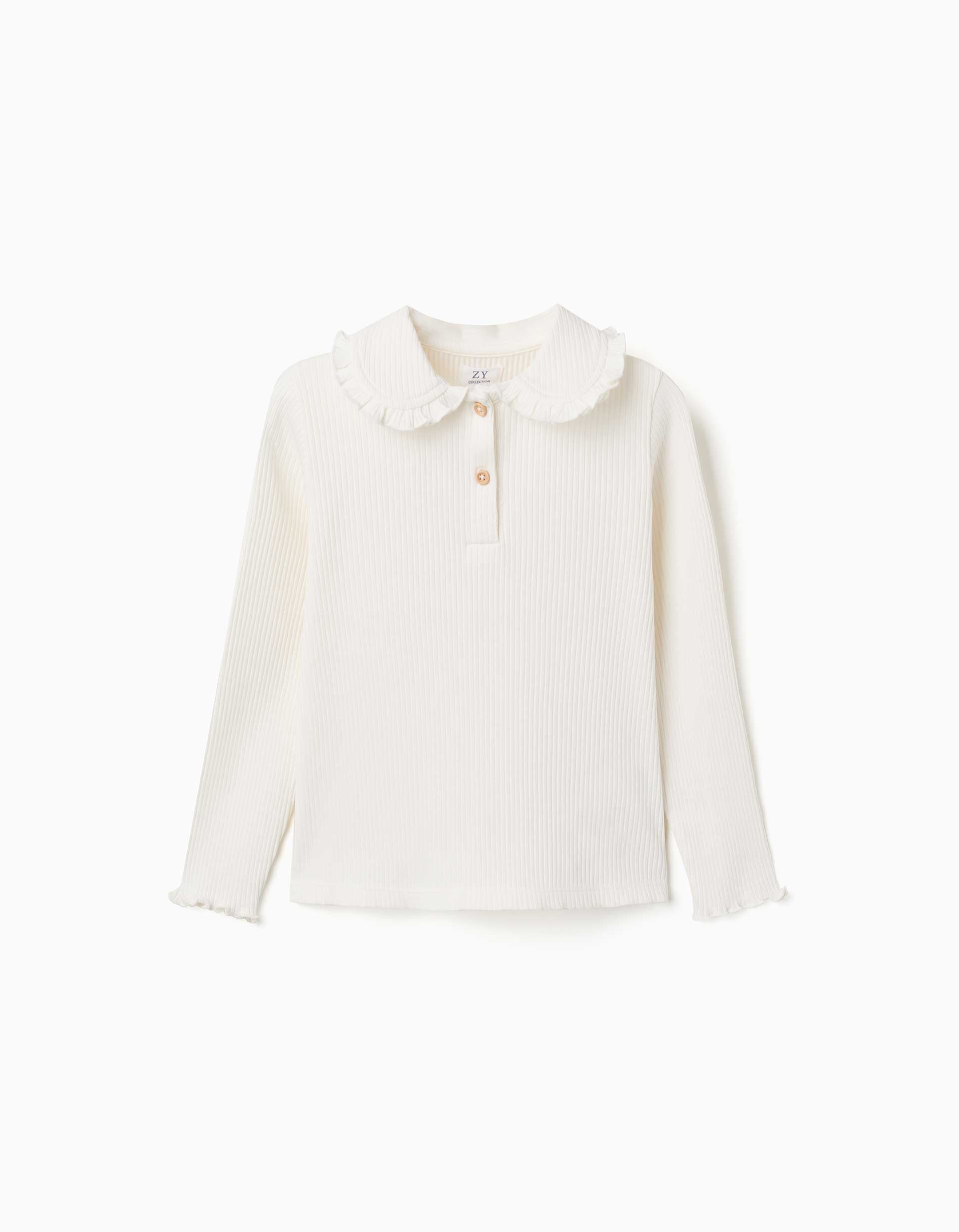 Camiseta acanalada de manga larga con volantes para niña, blanco