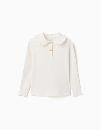 Camiseta acanalada de manga larga con volantes para niña, blanco
