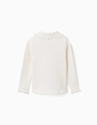 Camiseta acanalada de manga larga con volantes para niña, blanco