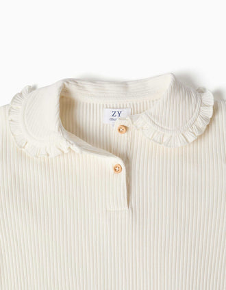 Camiseta acanalada de manga larga con volantes para niña, blanco