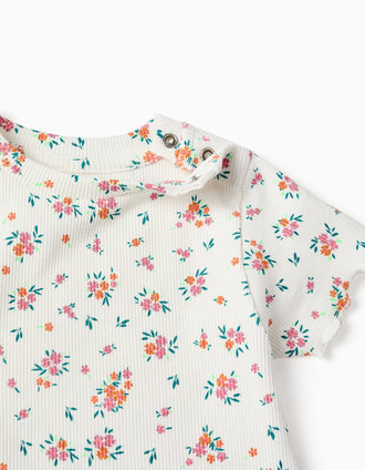 Body côtelé avec motif floral pour bébé fille, beige clair