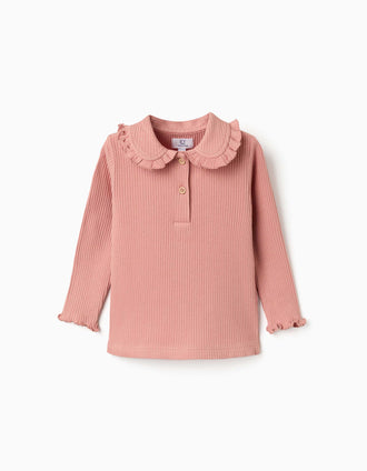 T-shirt de manga comprida canelada com folhos para bebé menina, rosa