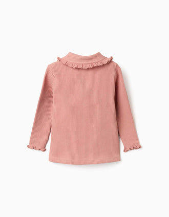 T-shirt de manga comprida canelada com folhos para bebé menina, rosa