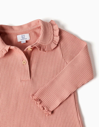T-shirt de manga comprida canelada com folhos para bebé menina, rosa