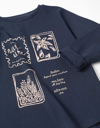 T-shirt de manga comprida Art and Nature para menina, azul-marinho