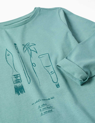 T-shirt de manga comprida Art and Nature para menina, azul-esverdeado