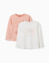 2 camisetas de manga larga con estampados de arte para niña, rosa/blanco