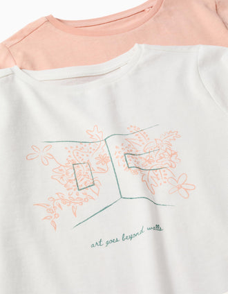 2 T-shirts de manga comprida com estampados de arte para menina, rosa/branco