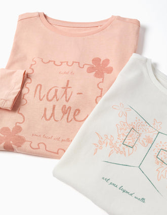 2 T-shirts de manga comprida com estampados de arte para menina, rosa/branco