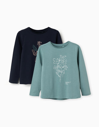 2 T-shirts à manches longues avec imprimés art pour fille, vert/bleu