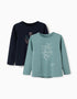 2 T-shirts à manches longues avec imprimés art pour fille, vert/bleu