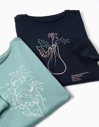 2 T-shirts à manches longues avec imprimés art pour fille, vert/bleu