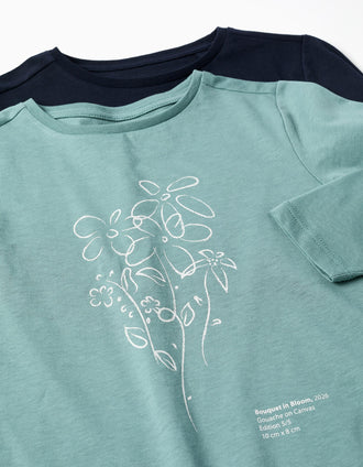 2 T-shirts à manches longues avec imprimés art pour fille, vert/bleu