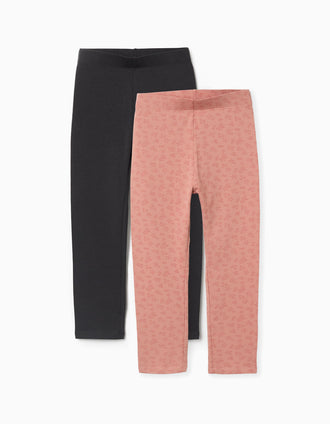 Pack de 2 leggins lisos y estampados para niña, gris oscuro/rosa
