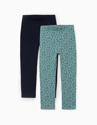 Pack de 2 leggins lisos y estampados para niña, azul marino/verde