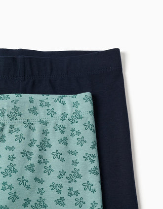 Pack de 2 leggins lisos y estampados para niña, azul marino/verde