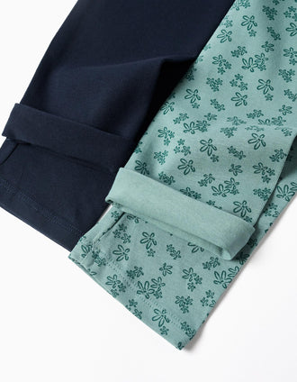 Pack de 2 leggins lisos y estampados para niña, azul marino/verde