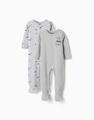 2 cotton babygrows with car prints for newborn and baby boys, green/grey
