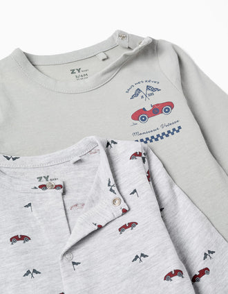 2 cotton babygrows with car prints for newborn and baby boys, green/grey