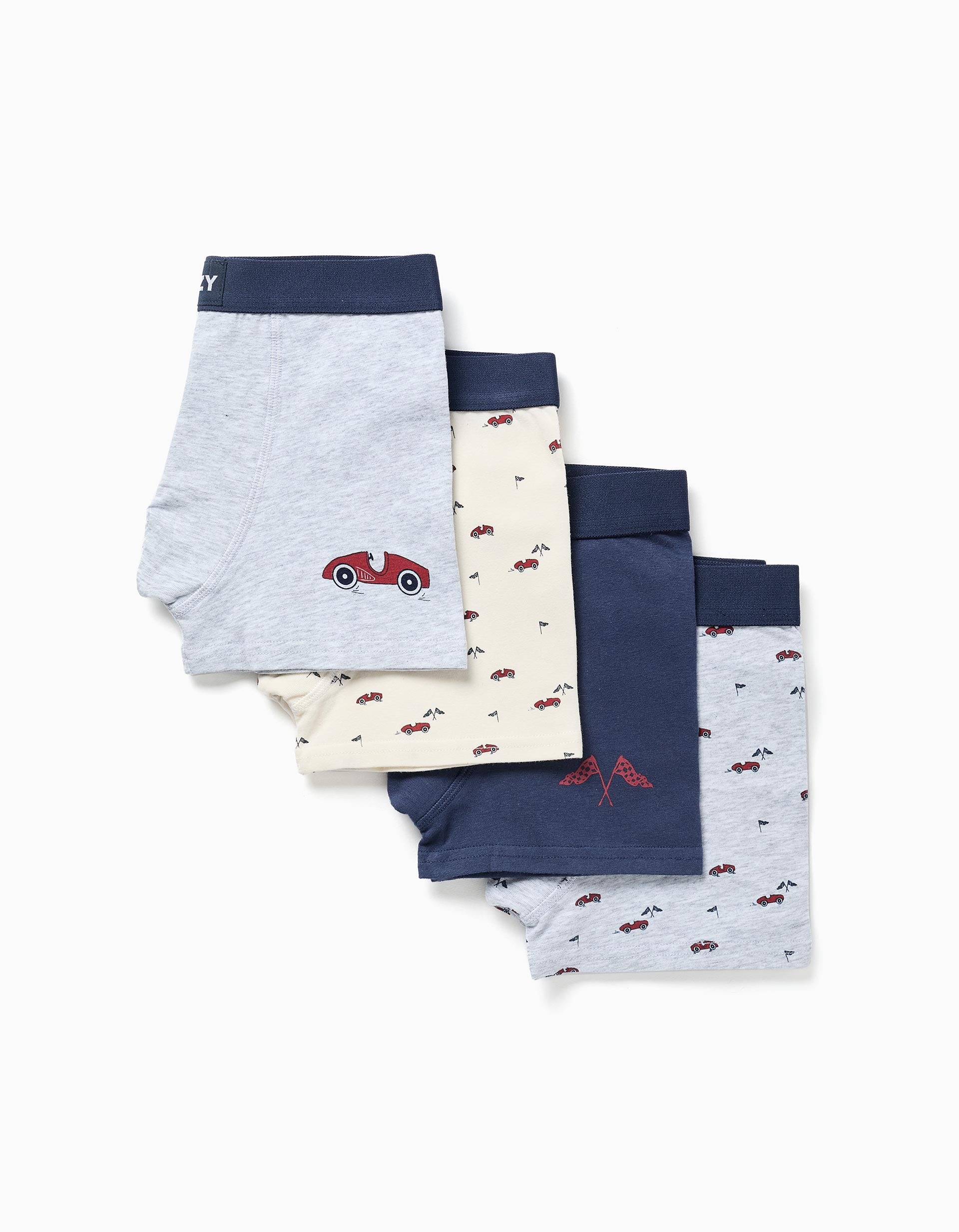 Pack of 4 cotton boxer shorts with car prints for boys, multicolour