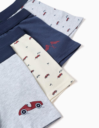 Pack of 4 cotton boxer shorts with car prints for boys, multicolour