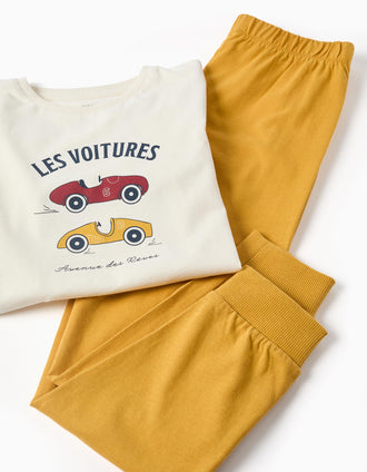 Pyjama en coton avec imprimé de voitures pour garçon, blanc/jaune
