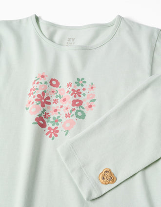 Pyjama à manches longues et fleur imprimée pour fille, vert clair/rose