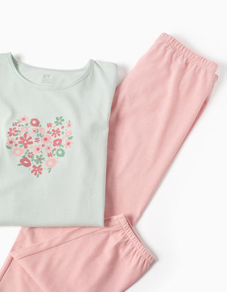 Pyjama à manches longues et fleur imprimée pour fille, vert clair/rose