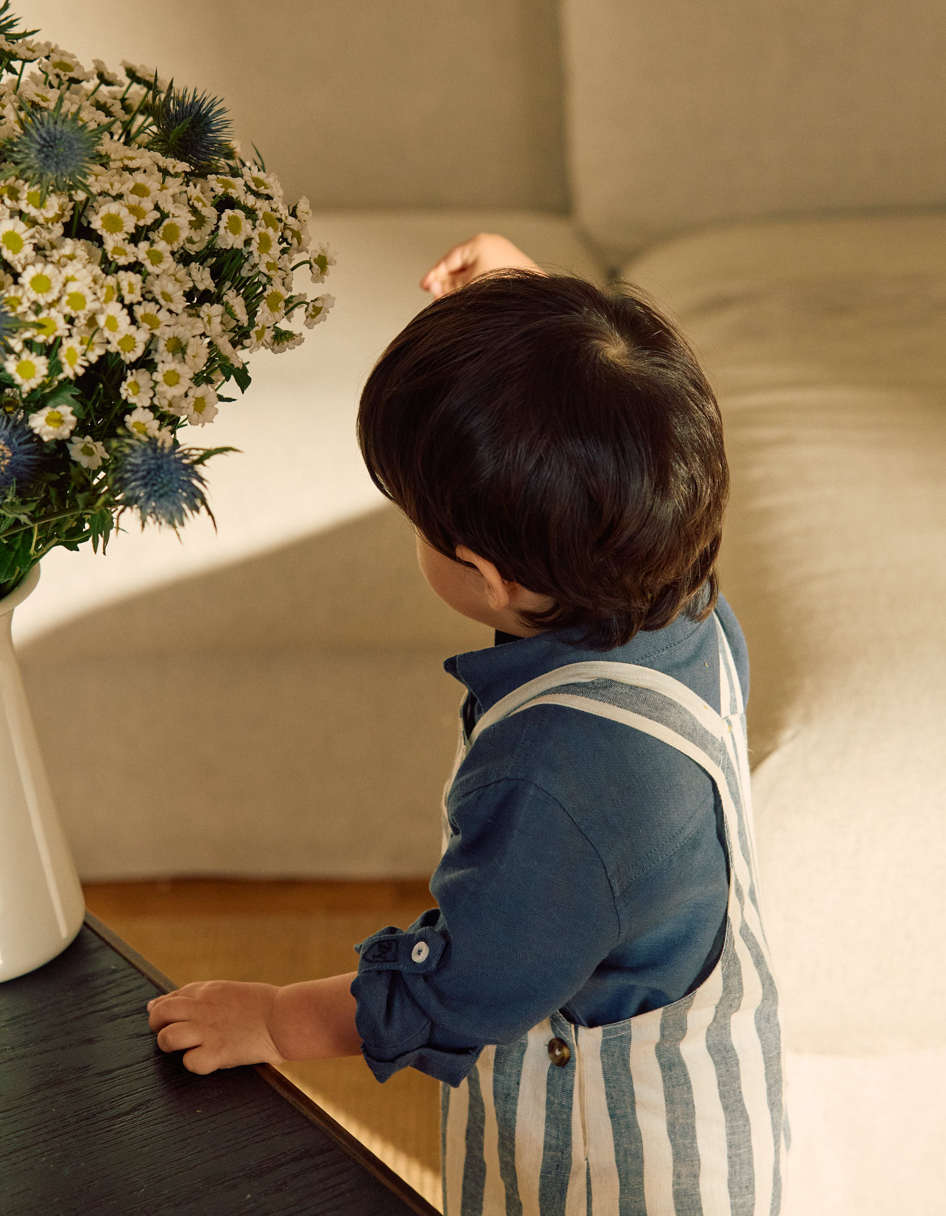 Jardineiras de linho às riscas You&Me para bebé menino, branco/azul