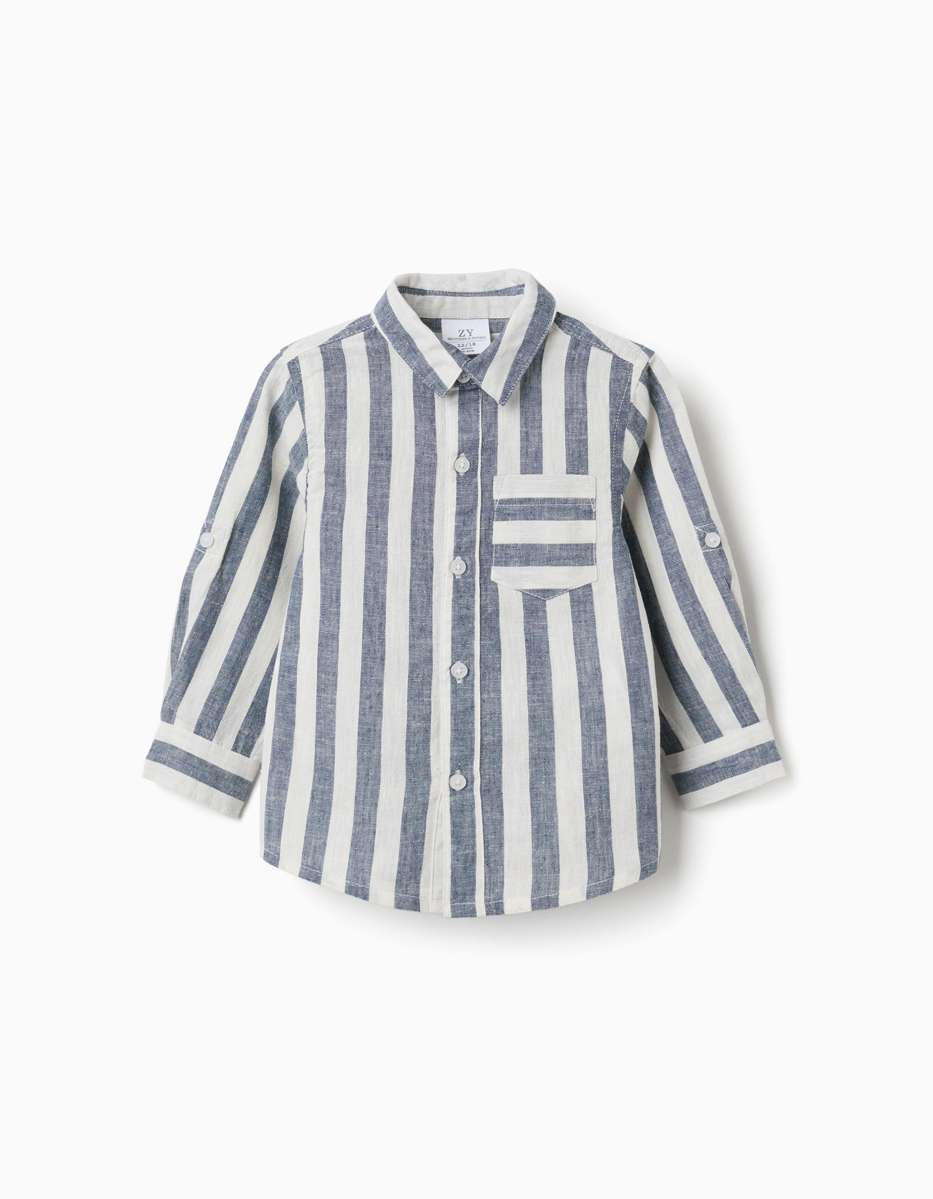Camisa de algodão e linho às riscas You&Me para bebé menino, branco/azul