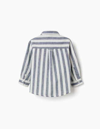 Camisa de algodão e linho às riscas You&Me para bebé menino, branco/azul