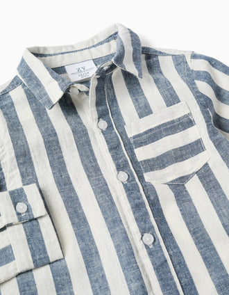 Camisa de algodão e linho às riscas You&Me para bebé menino, branco/azul