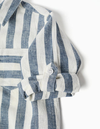 Camisa de algodão e linho às riscas You&Me para bebé menino, branco/azul